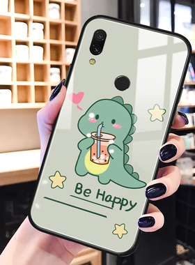 绿色恐龙红米note7pro手机壳玻璃note5卡通可爱6a趣味网红7a男女新款6pro硅胶ins风5plus适用redmi保护套pro