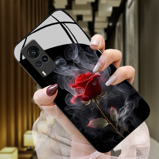 烟熏玫瑰适用vivox90手机壳x80新款x70保护套x60简约玻璃x50pro+硅胶x30气质x27女神x23幻彩x21i屏幕s后置t1