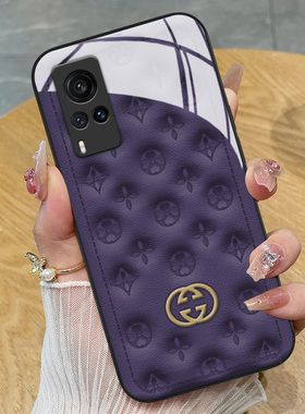 紫色典雅印花适用vivox90手机壳x80新款x70玻璃高级x60气质x50pro+女x30简约x27硅胶x23幻彩x21i屏幕s后置t1