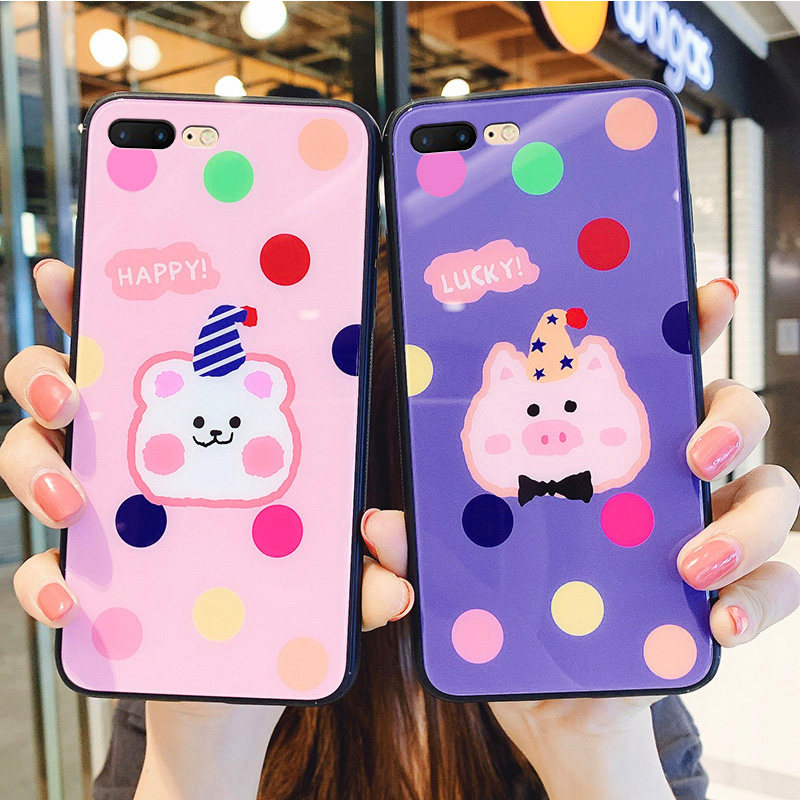 可爱小猪小兔苹果8plus手机壳女玻璃iphone7情侣日韩6s简约清新5s适用防摔puls硅胶网红p七八i6p硬保护套plus
