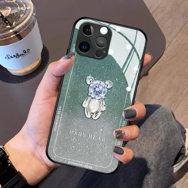 钻石小熊苹果13手机壳适用iphone11promax新款12mini保护套xsmax高级感xr玻璃硅胶5男se2女78plus简约6splus