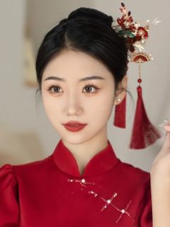 结婚汉服敬酒服发饰新中式红色新娘晚礼头饰旗袍2023新款简单大气