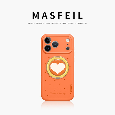 MASFEIL × 橙色小爱心适用苹果17Promax手机壳新款带支架iPhone17Pro保护套Eo1支点液态硅胶17pm创意高级感