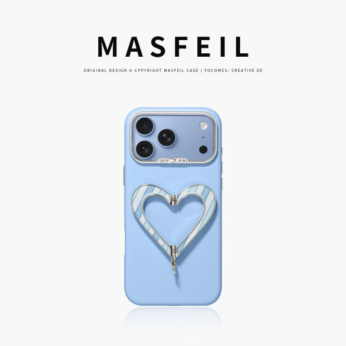 MASFEIL× 蓝心条纹适用iPhone18Promax手机壳新款带支架Go9苹果17Pro保护套支点高级感17pm液态硅胶简约女