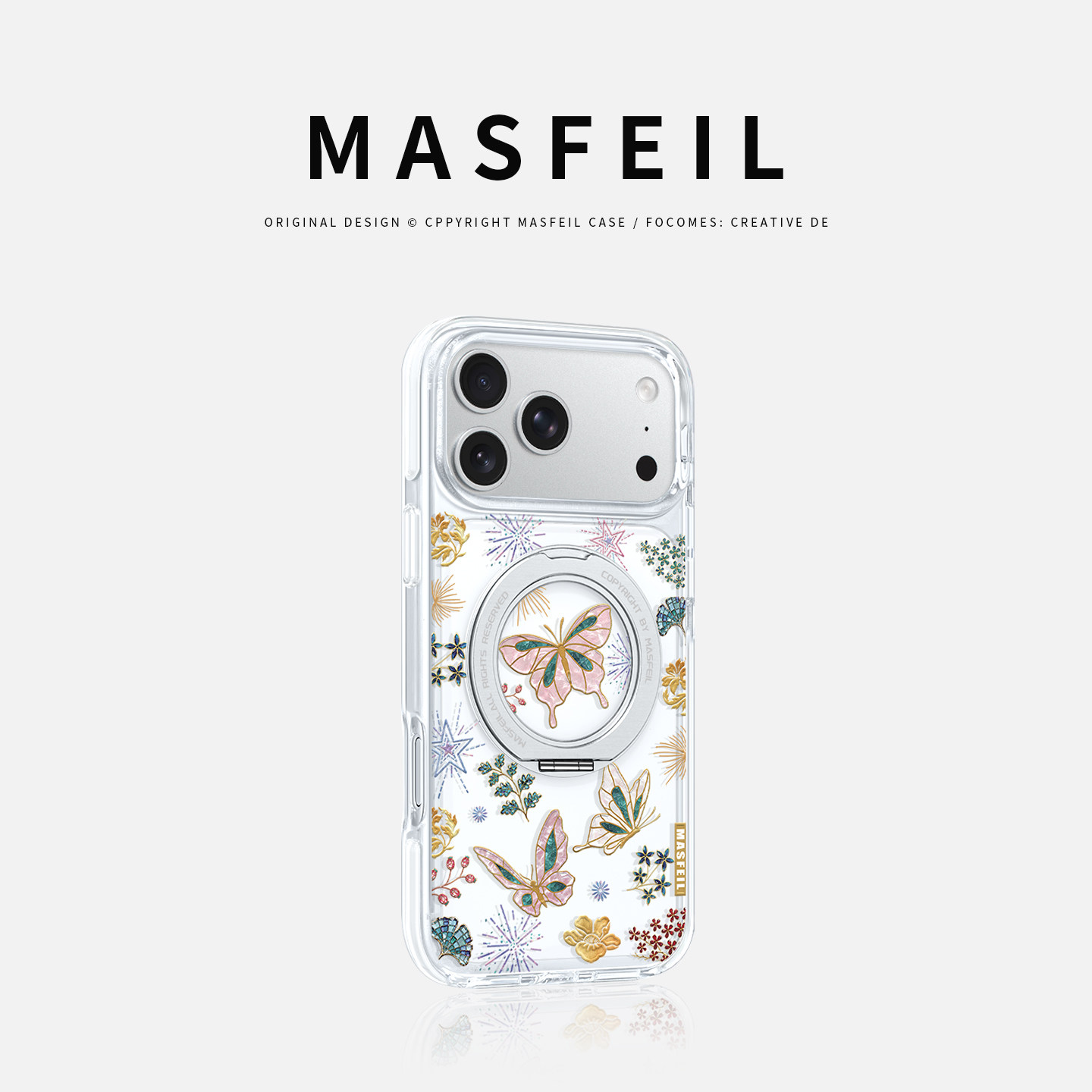 MASFEIL× 彩蝶衔春适用iPhone17Promax手机壳新款ip15磁吸带支架Go8苹果16Pro保护套支点透明高级感13pm好看