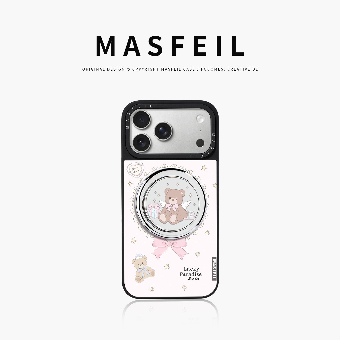 MASFEIL× 天使小熊适用iPhone17Promax手机壳新款ip15磁吸带支架苹果16Pro套Jo5镜面高级感女13pm全包14可爱