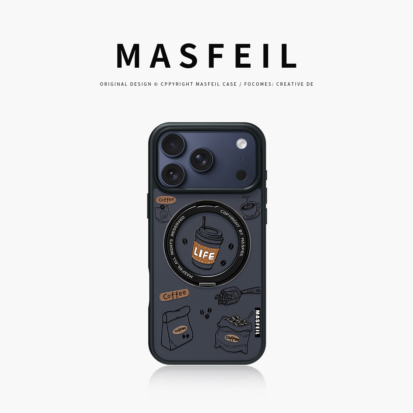 MASFEIL × 咖啡线条适用苹果17promax手机壳iPhone16pro新款磁吸带支架ip15全包Fo5支点高级感17好看可爱