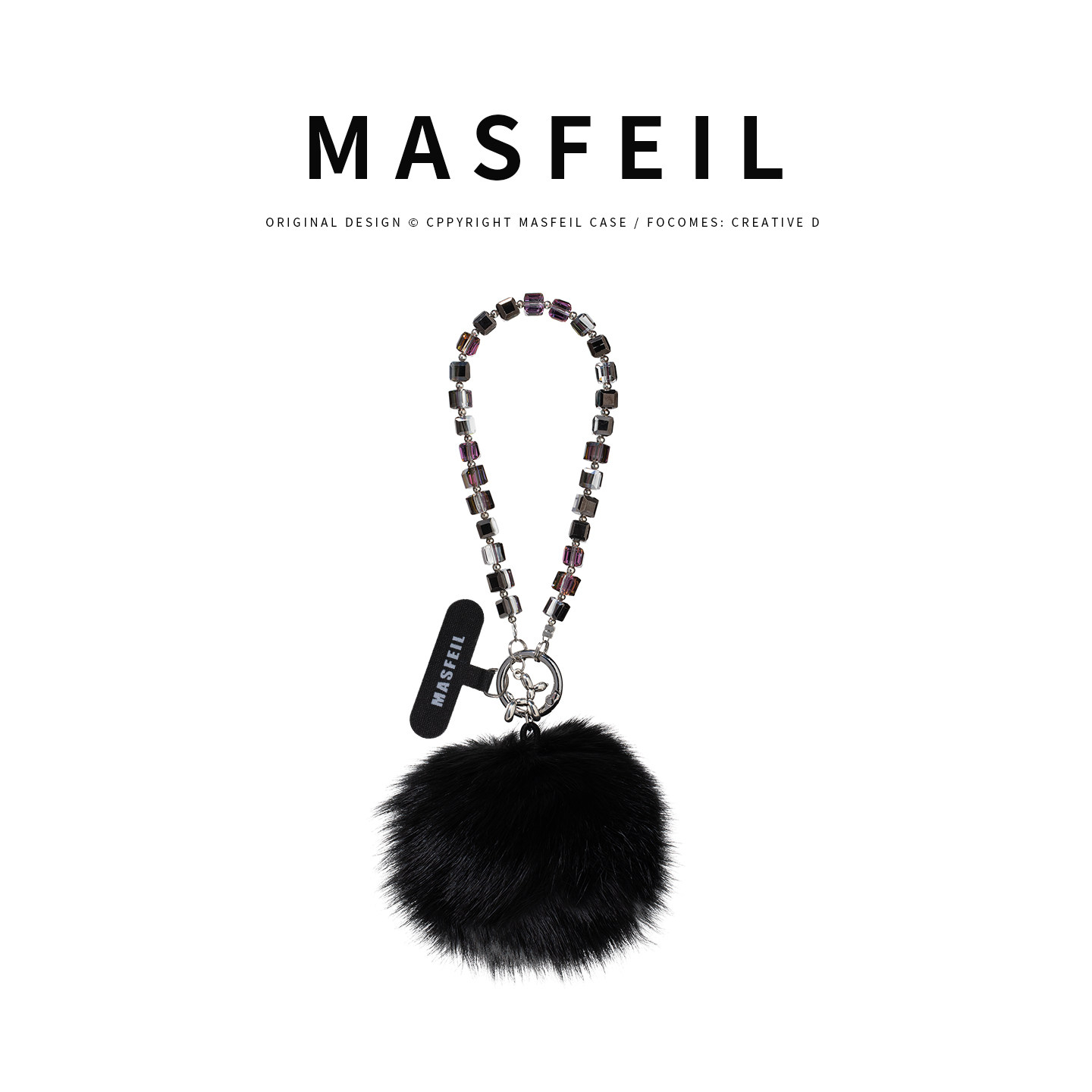 MASFEIL ×  黑色狐狸毛水晶手机挂链挂绳短款绳子适用苹果17手机壳配件包包挂件挂饰网红防丢迷你女冬毛绒
