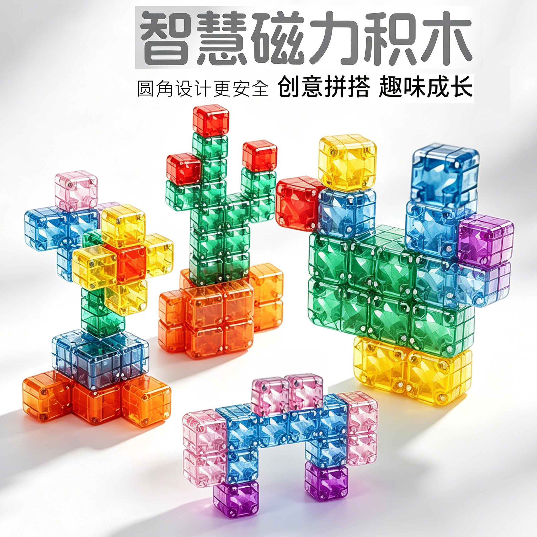 透明磁力方块圆角百变磁吸积木超大颗粒几何数感早教儿童益智玩具