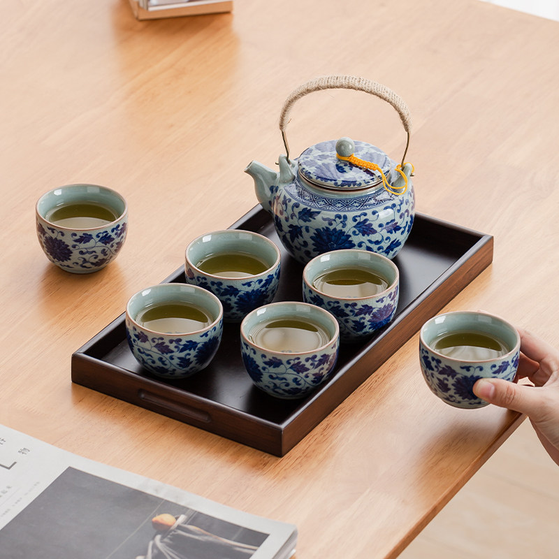 复古青花禅枝莲提梁壶茶具套组简约高档茶壶冰裂纹茶杯现代茶托盘