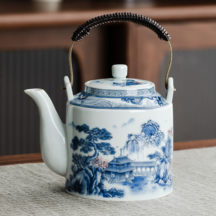 复古釉下彩青花缠枝莲大容量提梁壶釉里红高温茶杯家用简约泡茶壶
