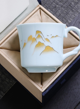 大号白青瓷防烫带把功夫泡茶杯男女个人专属茶杯办公客人杯主人杯