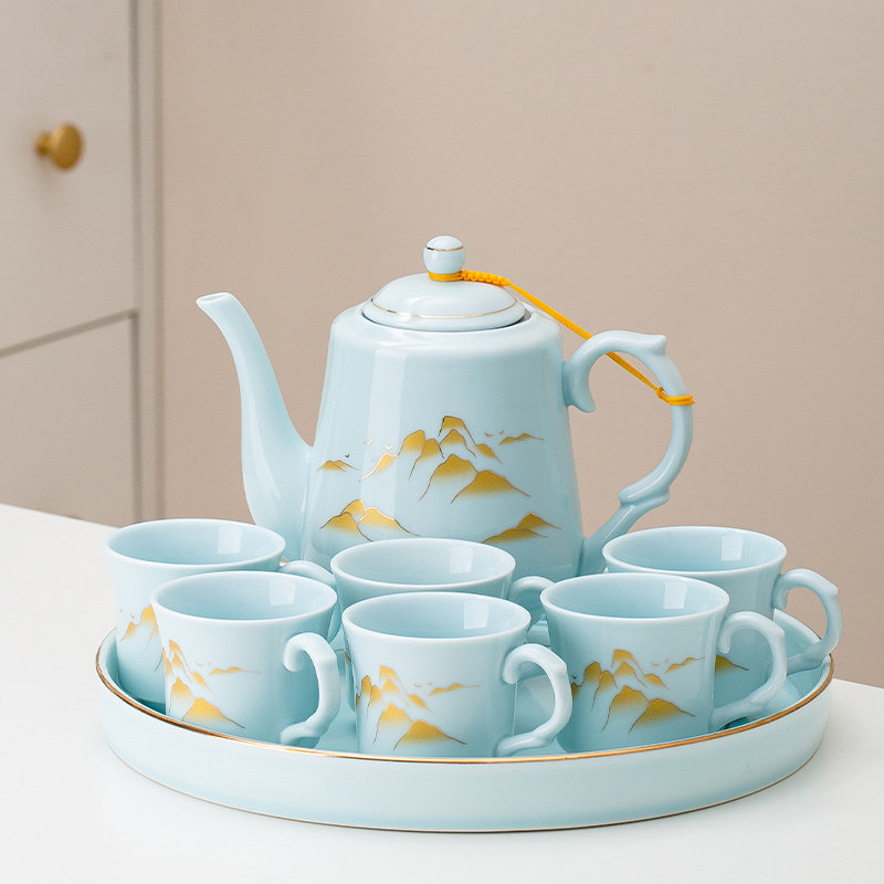 现代青瓷远山大号茶具套装简约家用防烫功夫茶具高档茶壶陶瓷茶盘