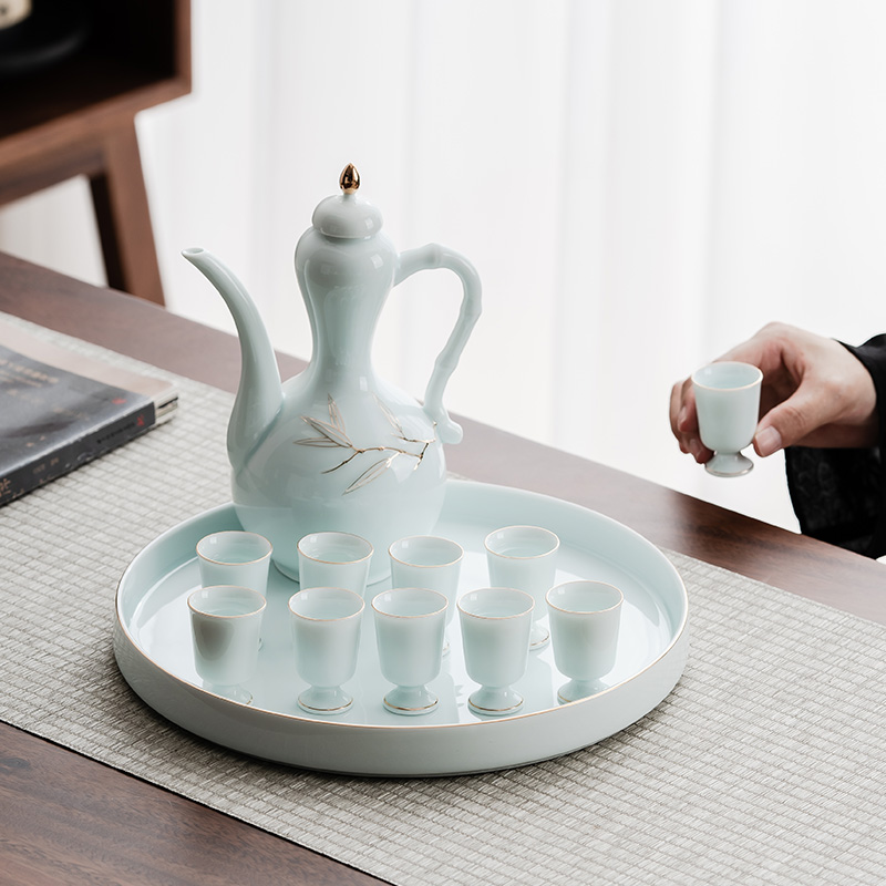 手绘描金青瓷酒具陶瓷中式酒具