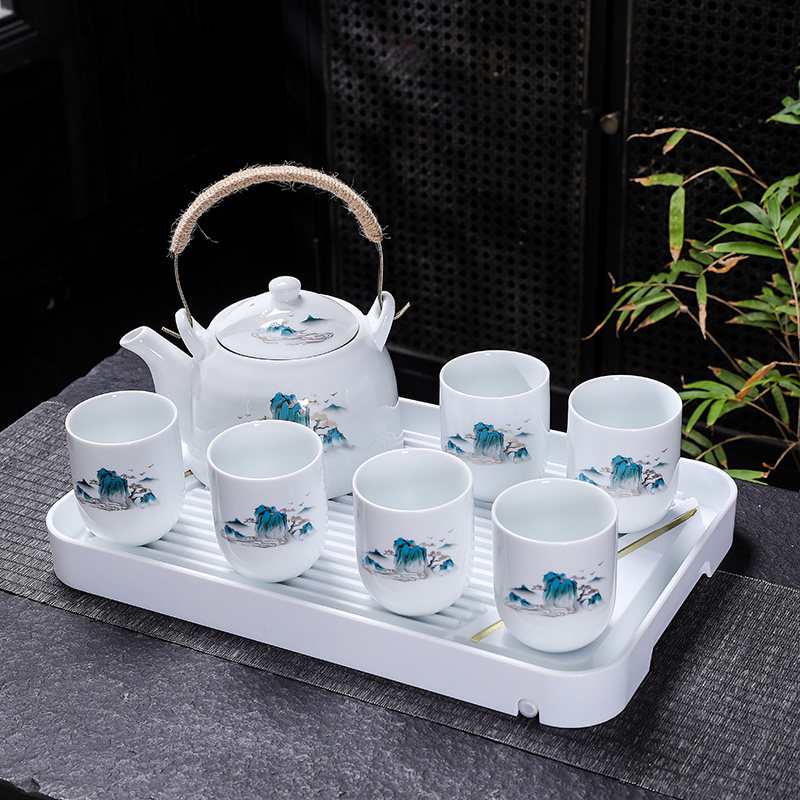 白瓷茶具套组家用茶壶茶杯景德镇陶瓷现代简约中式整套大号提梁壶