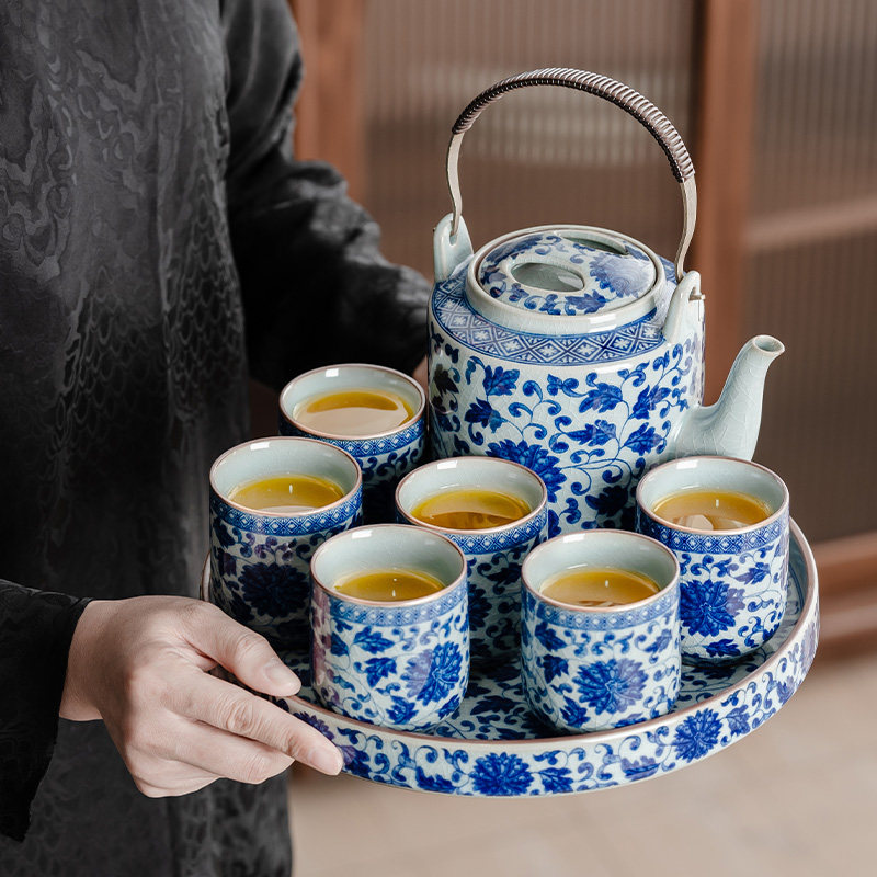 景德镇复古老陶泥青花缠枝莲茶具套装大提梁壶釉下彩茶杯陶瓷茶盘,餐饮具,功夫茶具,淘宝优惠券,粉丝福利购,淘宝优惠卷