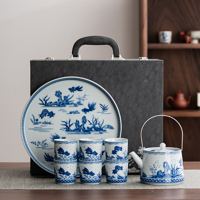 青花玲珑茶具套装家用镂空提梁壶