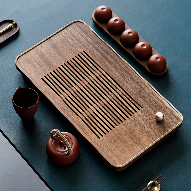 一条黑胡桃木茶盘实木家用茶海简约日式小茶台功夫茶具套装抽屉式