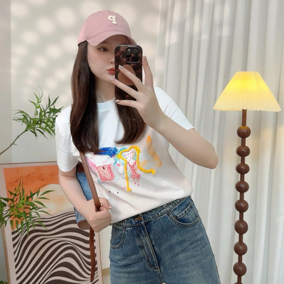阿玛家官网2026夏季新款正品印花短袖T恤纯棉正肩上衣女530082