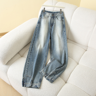 美式高街设计感倒装口袋牛仔裤女bf慵懒风秋季蓝色阔腿休闲拖地裤