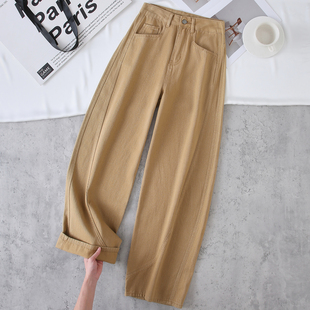加长 宽松显瘦休闲百搭阔腿长裤 卡其色直筒牛仔裤 女高腰2026春新款