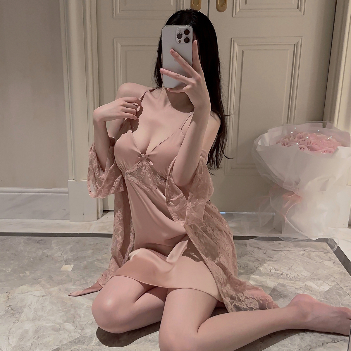 吊带裙睡袍两件套仿真丝居家服