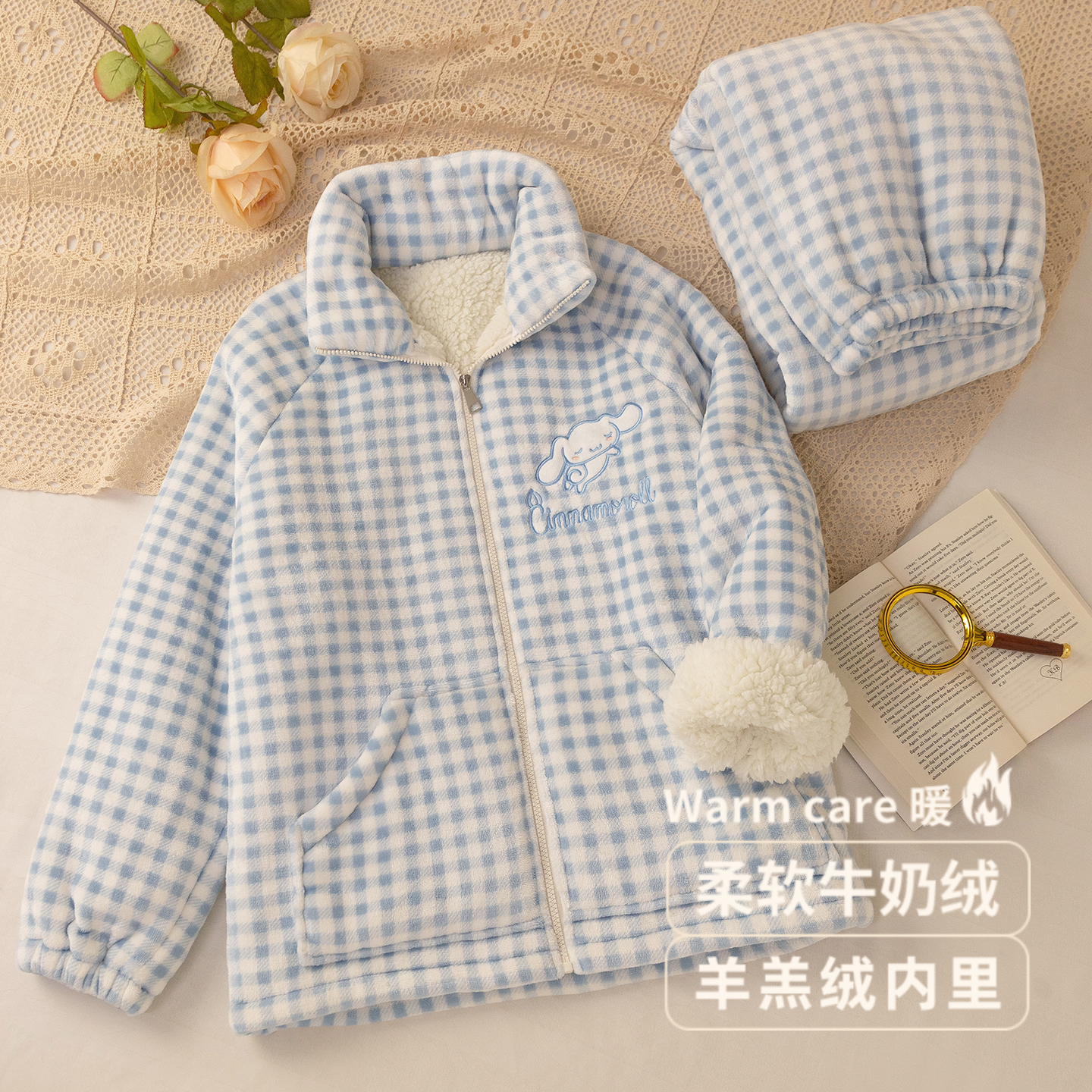 双层加厚睡衣女秋冬季玉桂狗