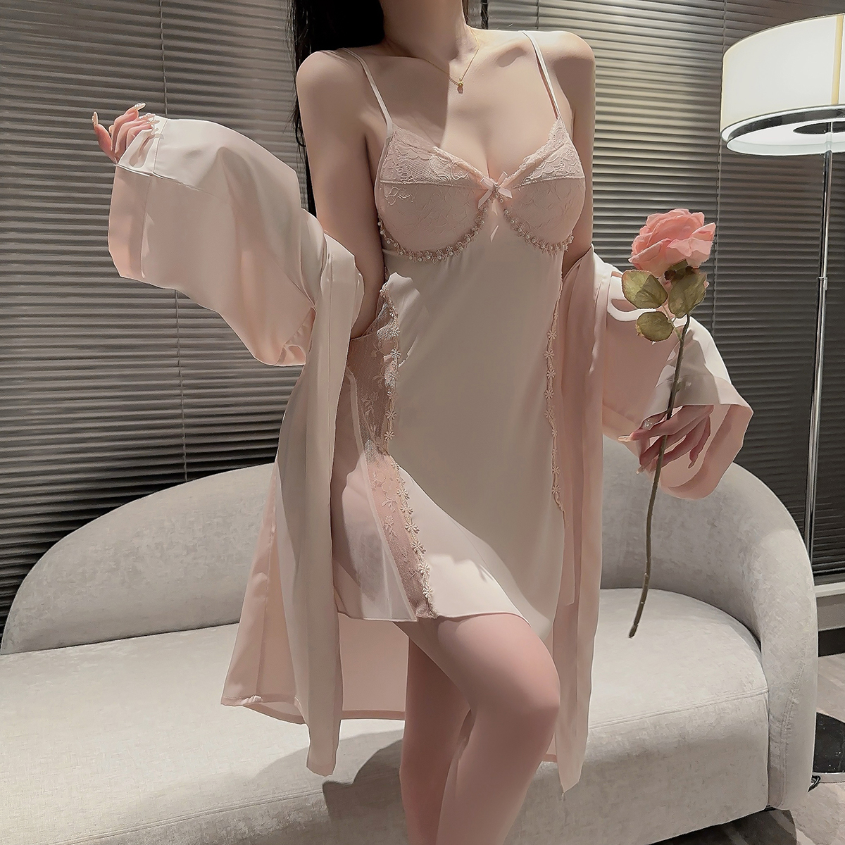 冰丝睡衣女春夏季带胸垫