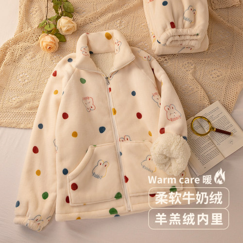复合双层复合牛奶绒睡衣女套装