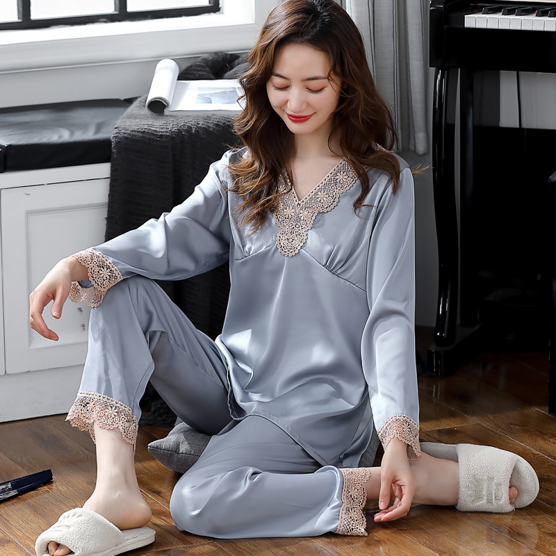睡衣女春秋天冰丝薄款两件套长袖长裤简约性感仿真丝绸夏季家居服