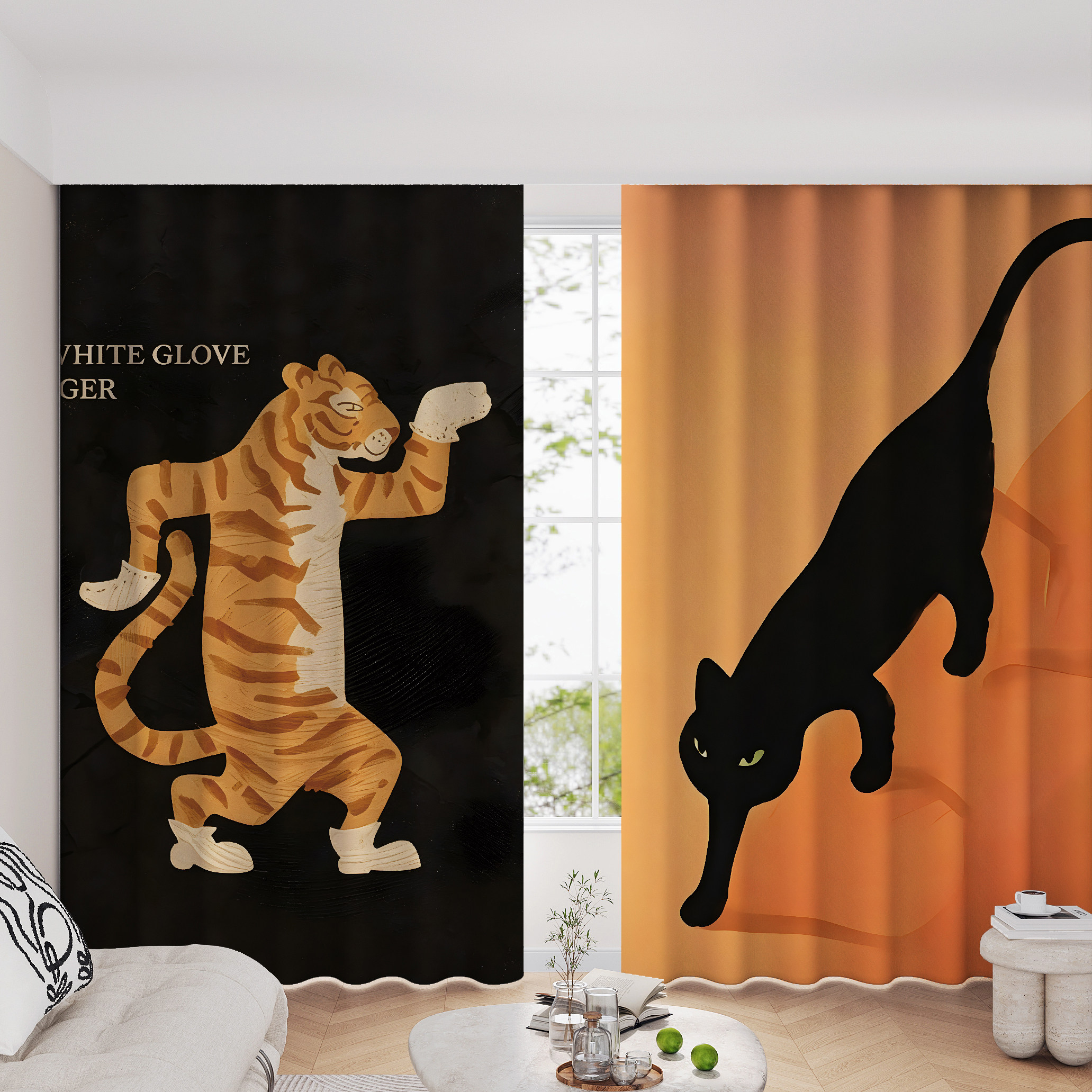 复古油画风老虎黑猫窗帘艺术插画个性客厅卧室遮光窗帘免打孔定制