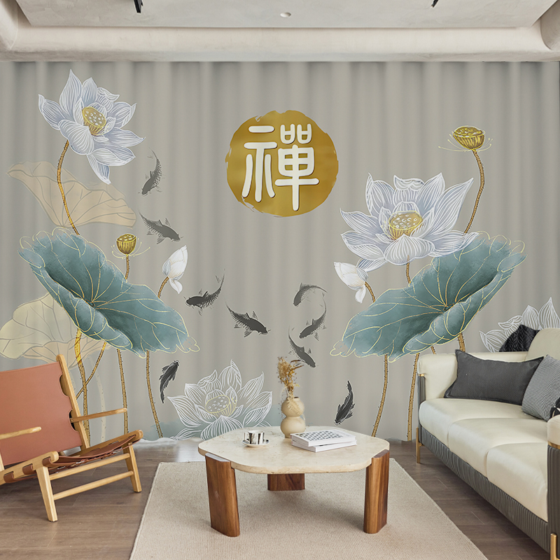 窗帘中式阳台茶室遮挡帘飘窗书房隔断帘中国风山水画水墨荷花防晒