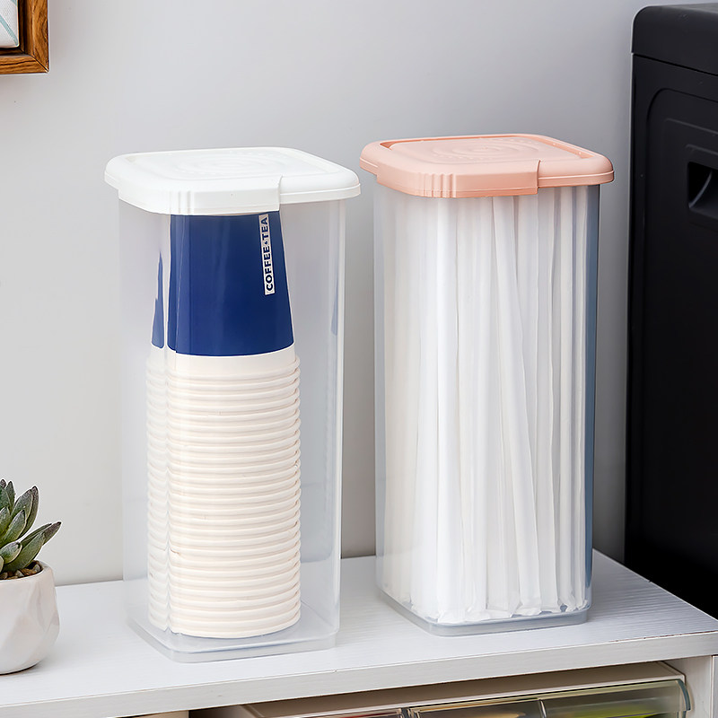 日本透明带盖吸管收纳盒一次性杯子大容量茶水间吧台整理置物架