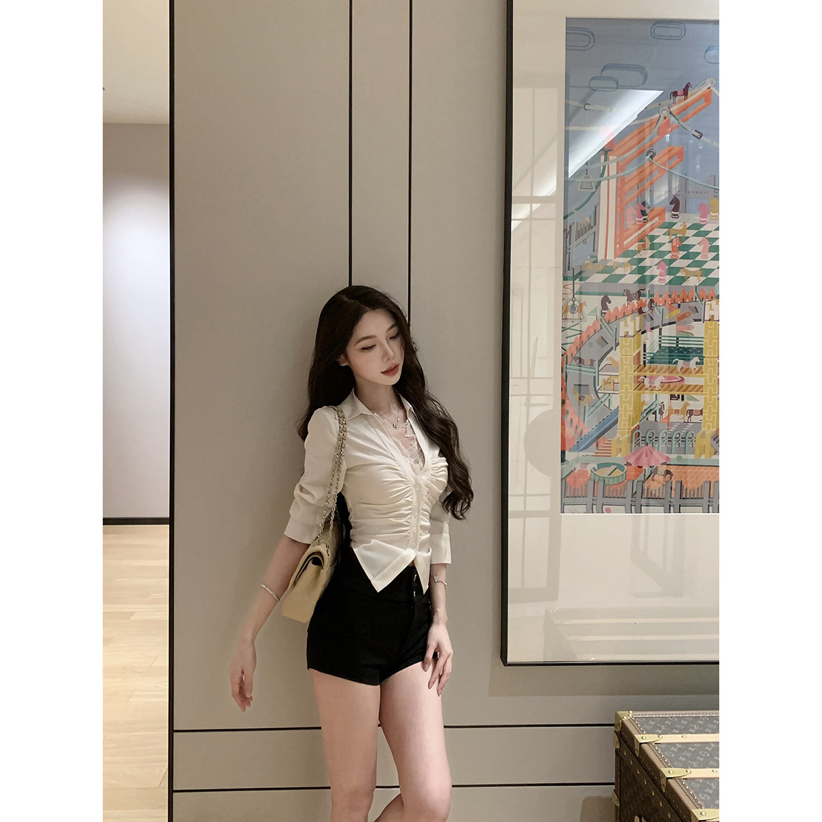 JustQin 6/3【姐感OL】新款夏装性感收腰白色衬衣蕾丝边白衬衫女
