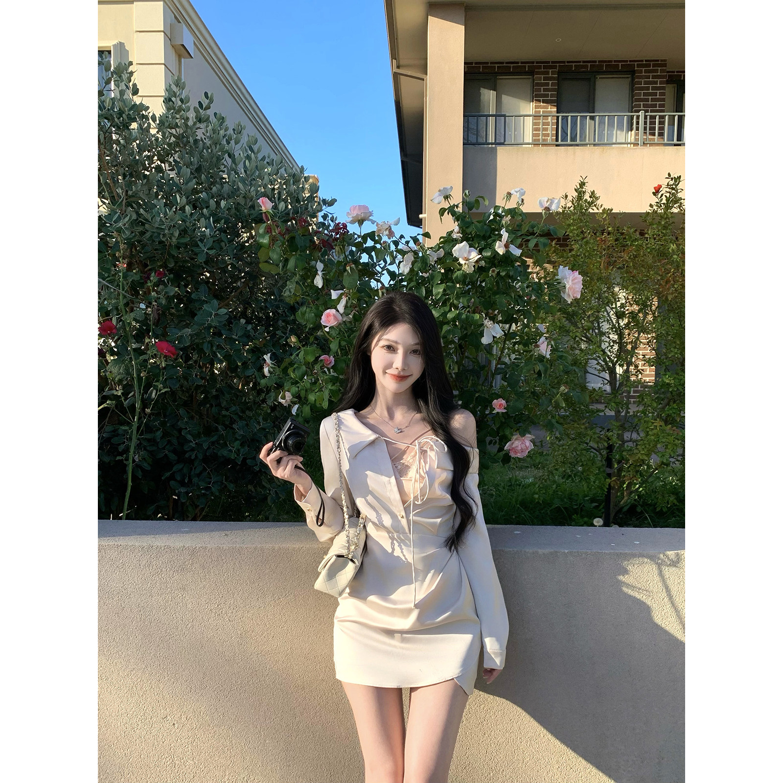 JustQin【破碎白月光】2026夏装吊带+斜肩连衣裙性感短裙女套装