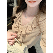 雾岛听荷 V领气质上衣女小衫 2025新款 荷叶边雪纺衫 秋装 JustQin