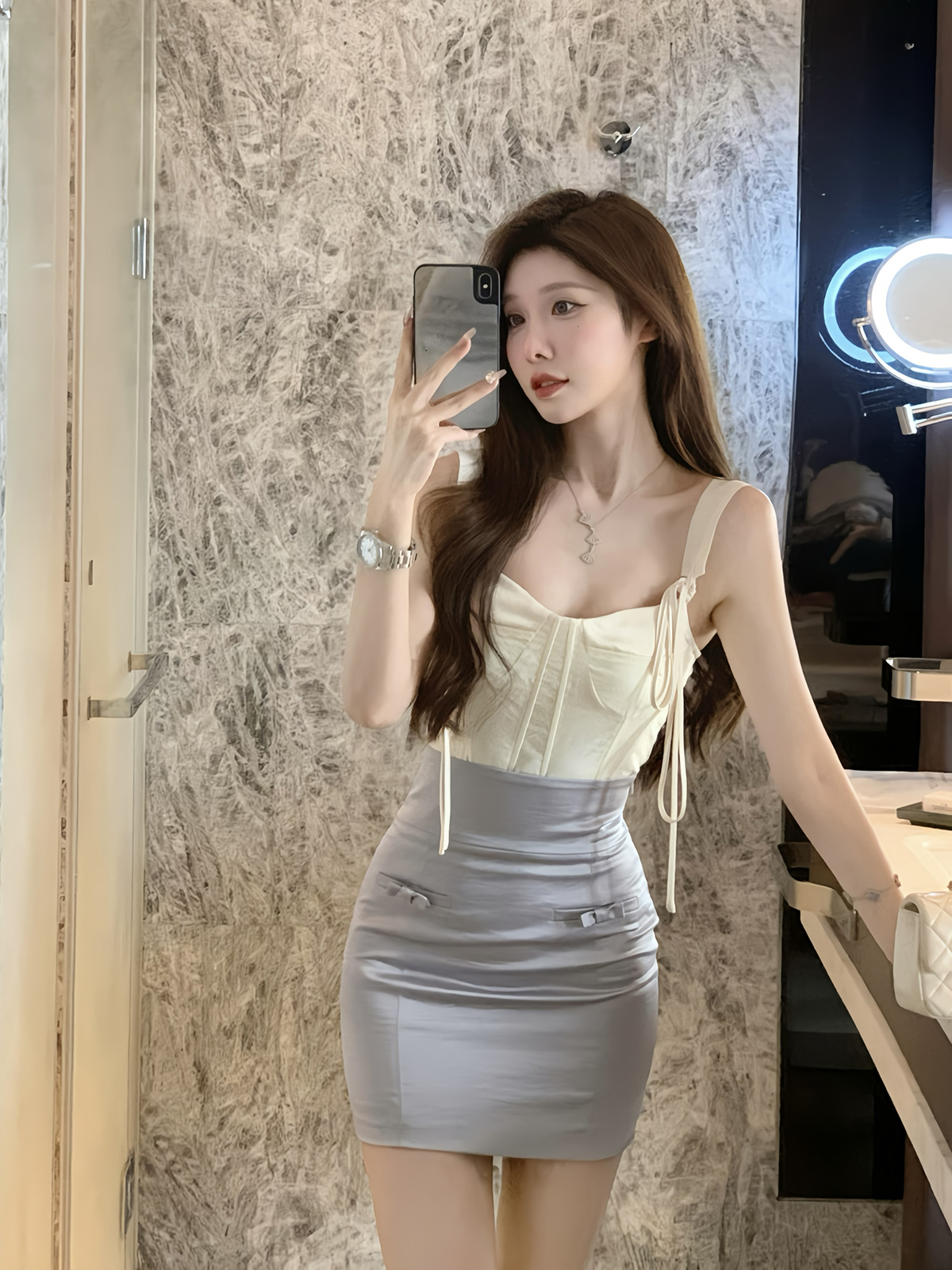 JustQin【灰格雷系】修身显瘦短裙半身裙女夏季高腰百搭A字短裙女