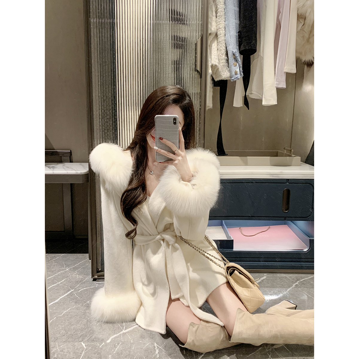 JustQin【初雪白月光】新款100澳毛双面呢狐狸毛中长款大衣女外套