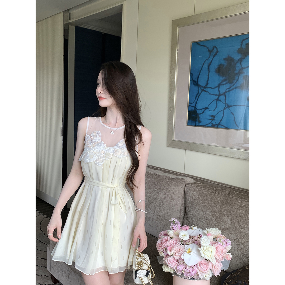 JustQin【浮云织梦】2025新款夏装千金风花朵裙纯欲气质连衣裙女