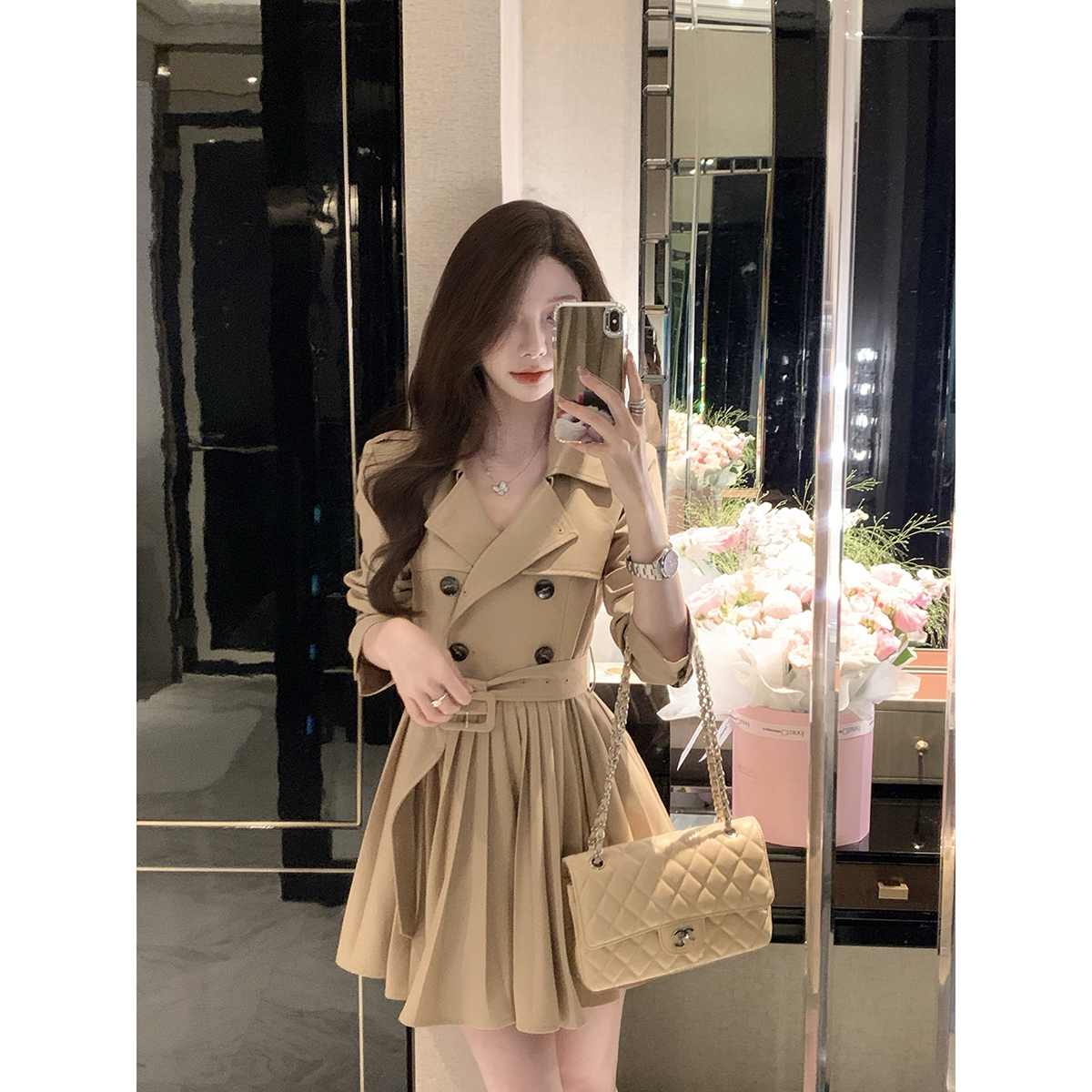 JustQin【厅里厅气】2025新款秋装收腰裙性感风衣裙连衣裙女外套