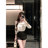 浮光织梦 2025新款 春夏装 JustQin 一字肩衬衫 显瘦蝴蝶结上衣女