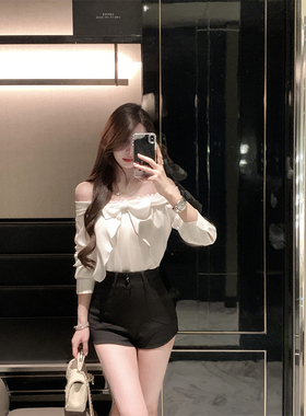 JustQin【浮光织梦】2025新款春夏装一字肩衬衫显瘦蝴蝶结上衣女