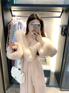 JustQin【京洛old money】秋冬100澳毛狐狸毛领双面呢大衣女外套