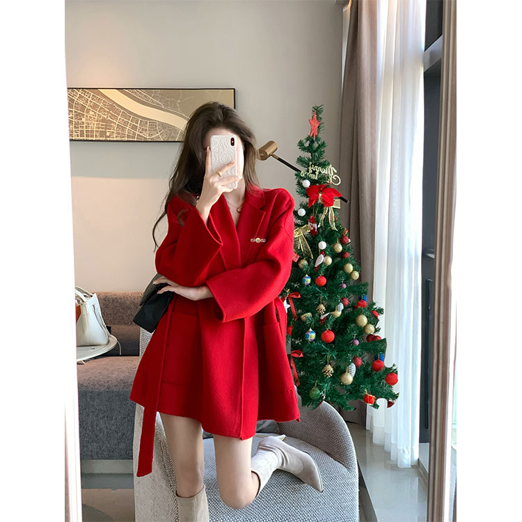 justqin 惊艳宴会女主人圣诞年会波尔多红色羊毛双面尼中长款大衣