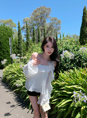 JustQin【锁肩荷褶】2026新款夏装白色雪纺上衣性感小衫衬衫女