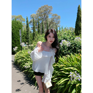 锁肩荷褶 衬衫 2026新款 白色雪纺上衣性感小衫 女 夏装 JustQin