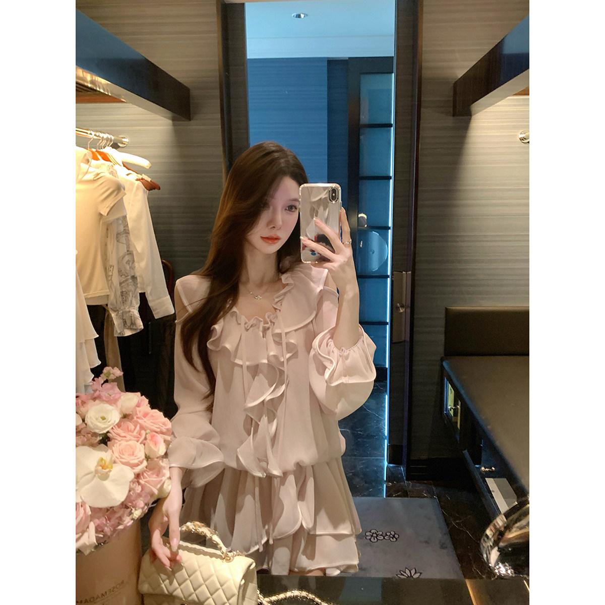 JustQin【缎羽谧光】2025夏装雪纺裙荷叶边收腰短裙性感连衣裙女