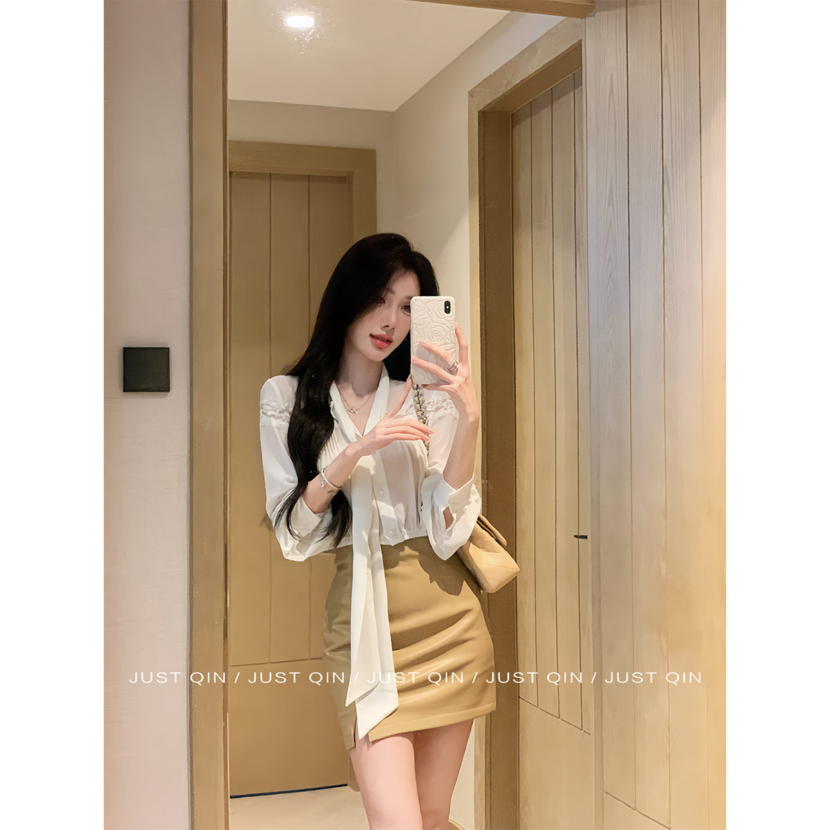JustQin【Vintage 韩女】2026新款气质系带蕾丝拼接长袖衬衫女秋图片