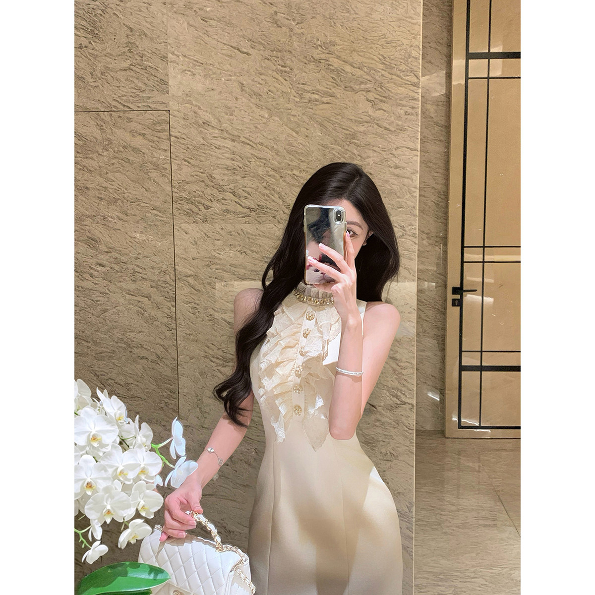 JustQin【玻璃月光姬】2026夏装镶钻千金风包臀短裙性感连衣裙女