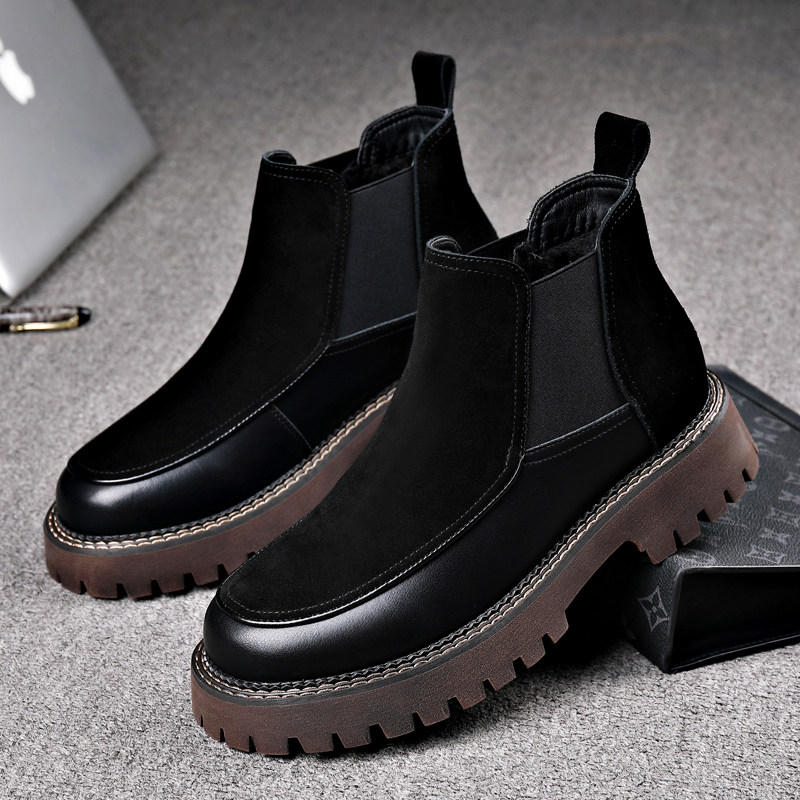 SUEDE BOOTS MENS WINTER CHELSEA BOOTS MENS MARTIN BOOTS LEATHER CARGO BOOTS MID-TOP CHIMNEY BOOTS THICK-SOLED COTTON SHOES